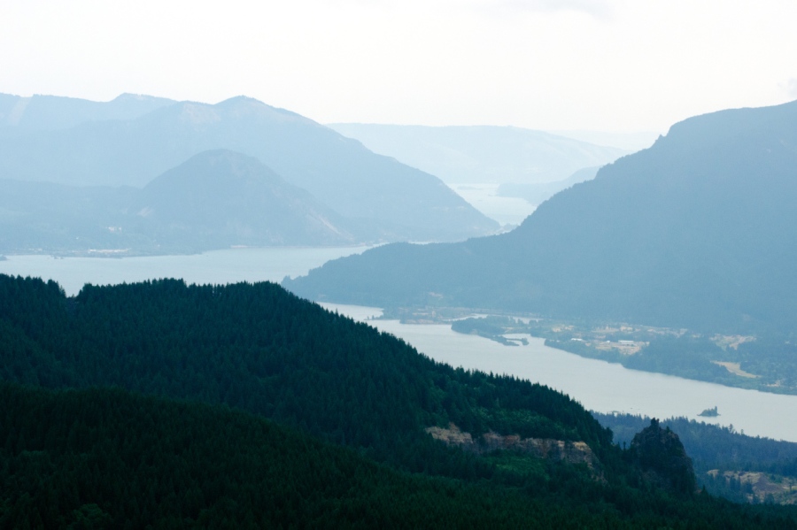 Hazy view up the Columbia River Gorge