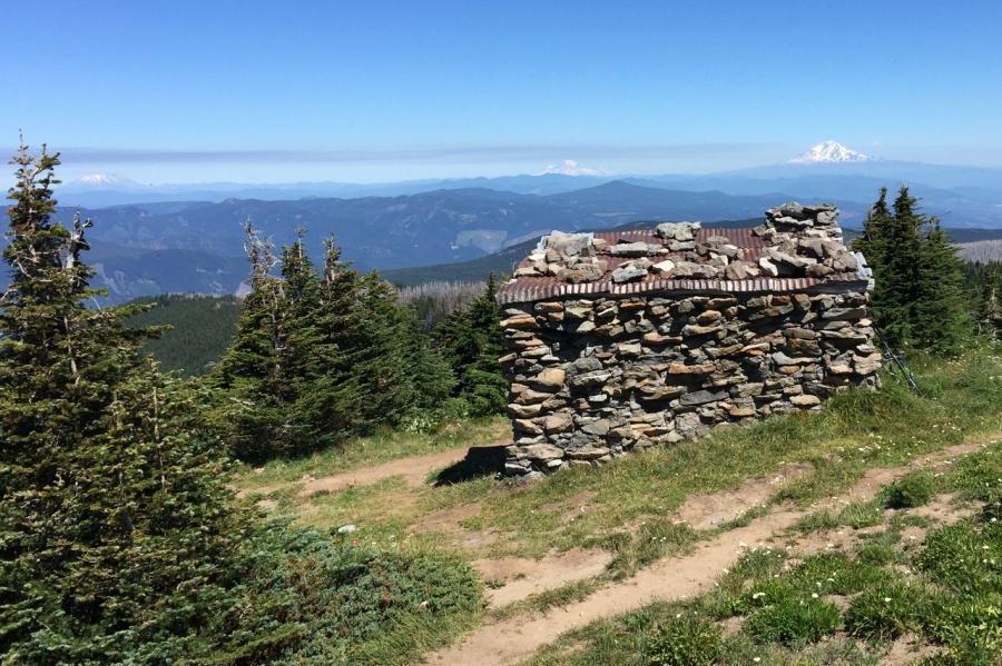 Mt. St. Helens, Mt. Rainier and Mt. Adams beyond the McNeil Point Shelter 