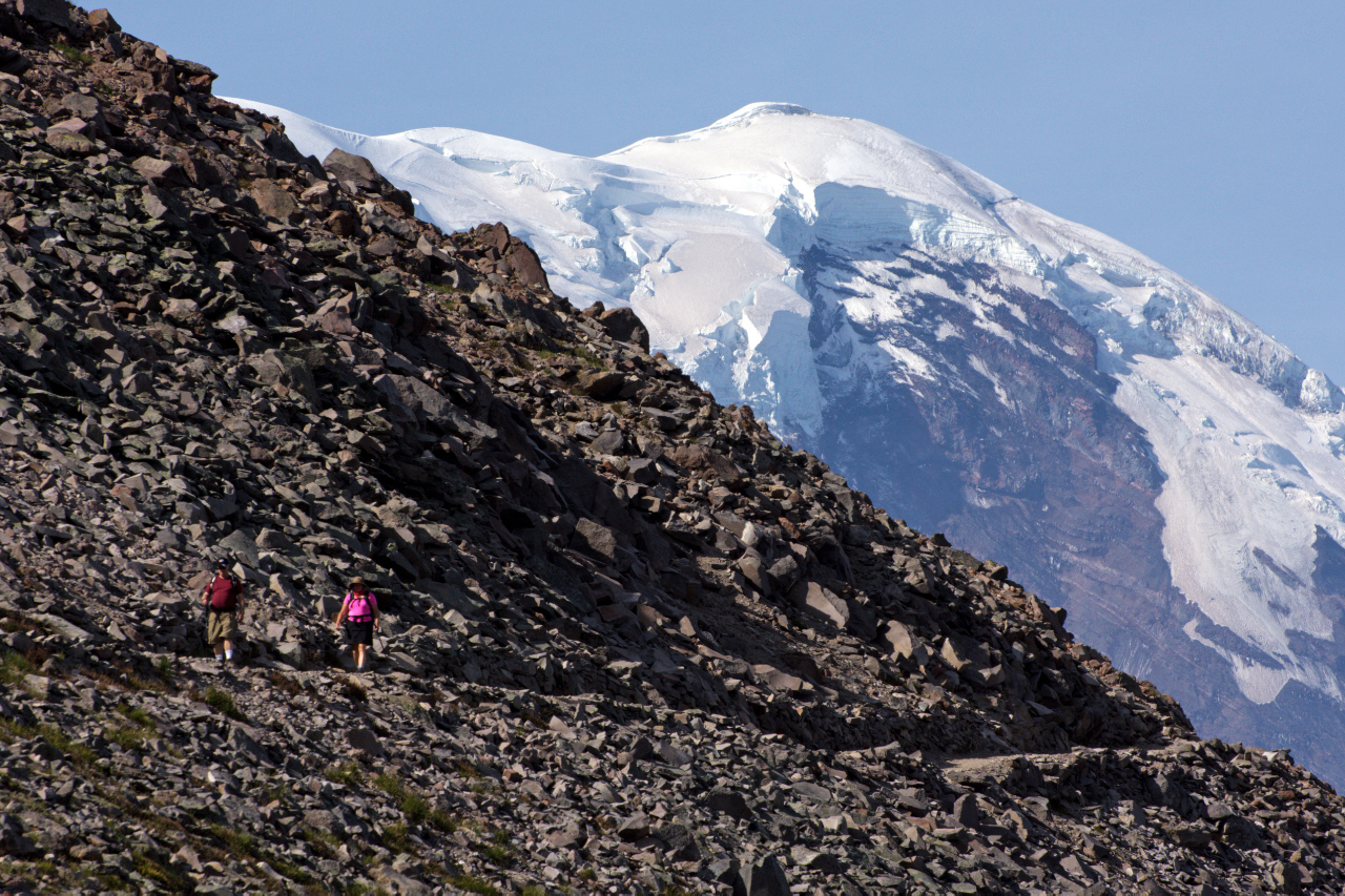 Hikers comings down from First Burroughs with Mt. Rainier above